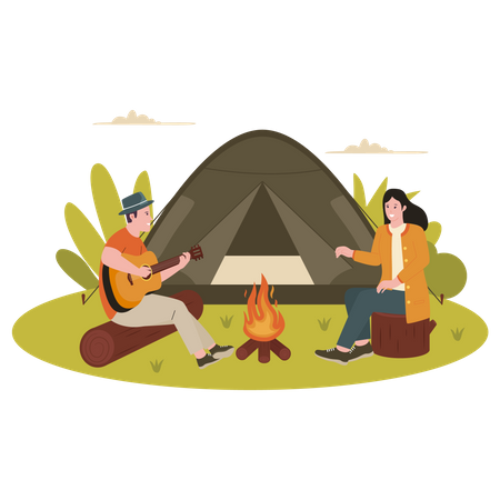 Man playing guitar for girl while camping Illustration