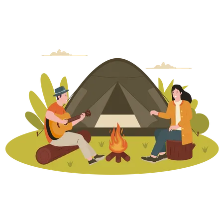 Man playing guitar for girl while camping Illustration