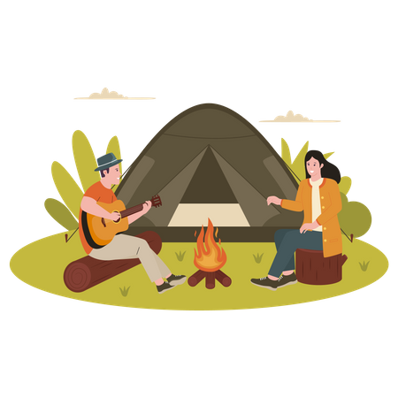 Man playing guitar for girl while camping  Illustration