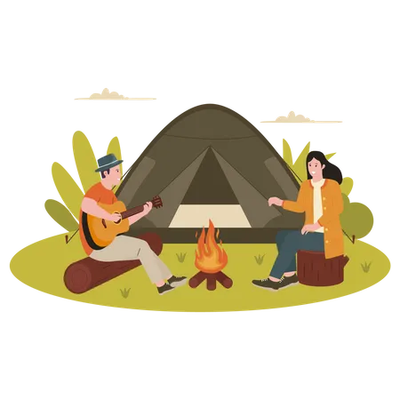 Man playing guitar for girl while camping  Illustration