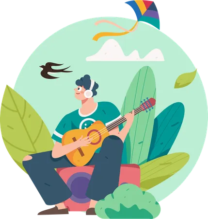 Man playing guitar in park  Illustration