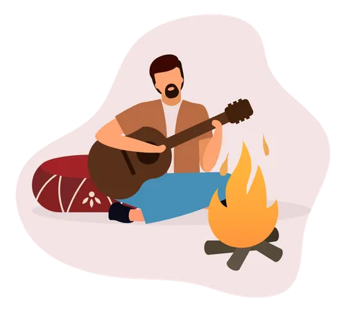 Man playing guitar near bonfire Illustration