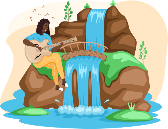 Man playing guitar near waterfall  Illustration