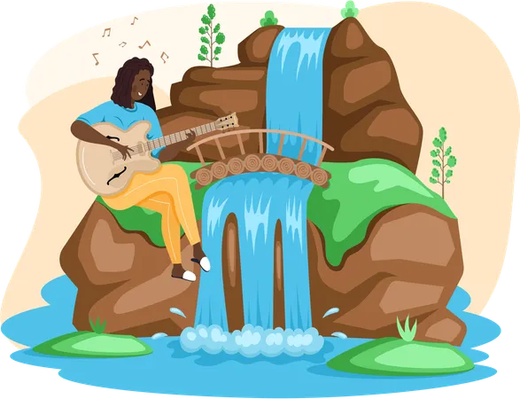 Man playing guitar near waterfall  Illustration