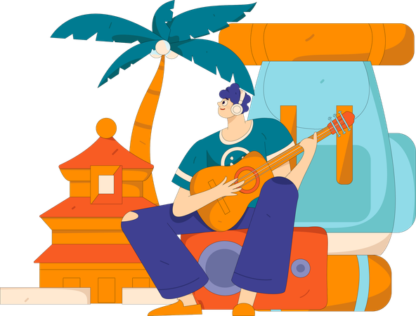 Man playing guitar on camping site  Illustration