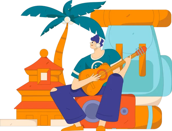 Man playing guitar on camping site  Illustration