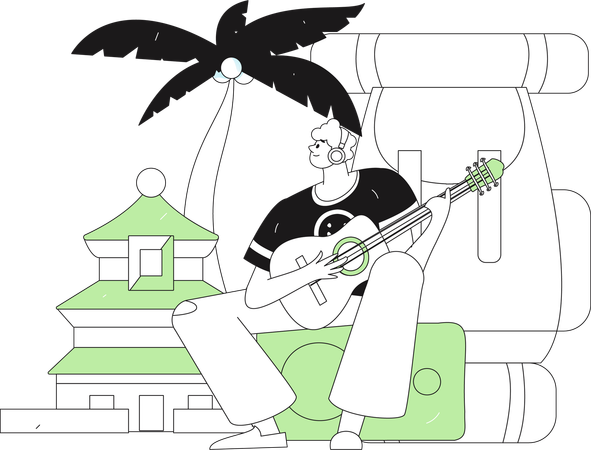 Man playing guitar on camping site  Illustration