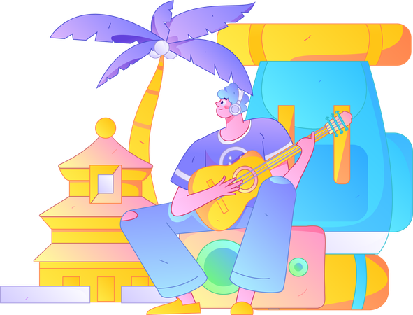 Man playing guitar on camping site  Illustration