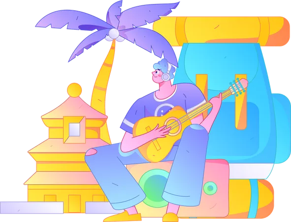 Man playing guitar on camping site  Illustration