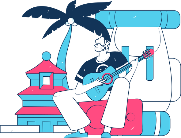 Man playing guitar on camping site  Illustration