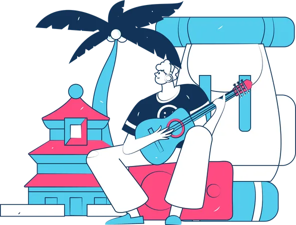 Man playing guitar on camping site  Illustration