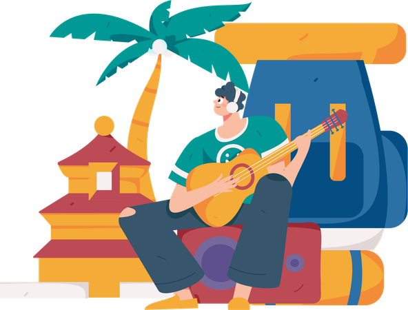 Man playing guitar on camping site  Illustration