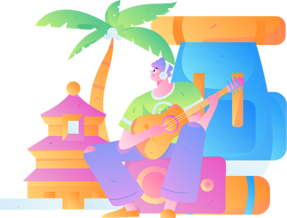 Man playing guitar on camping site  Illustration