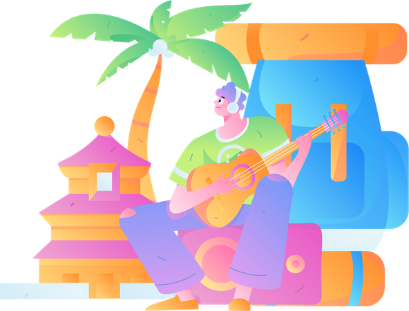 Man playing guitar on camping site  Illustration