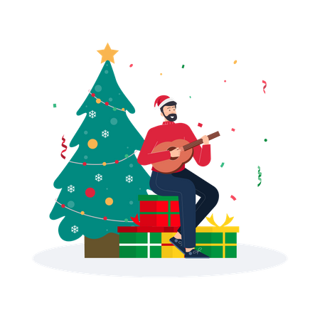 Man Playing Guitar On Christmas Day  Illustration