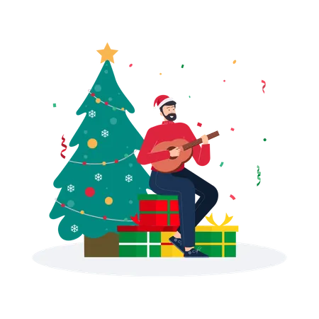 Man Playing Guitar On Christmas Day  Illustration