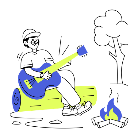 Man playing guitar while camping  イラスト