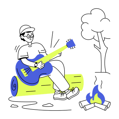 Man playing guitar while camping  Illustration