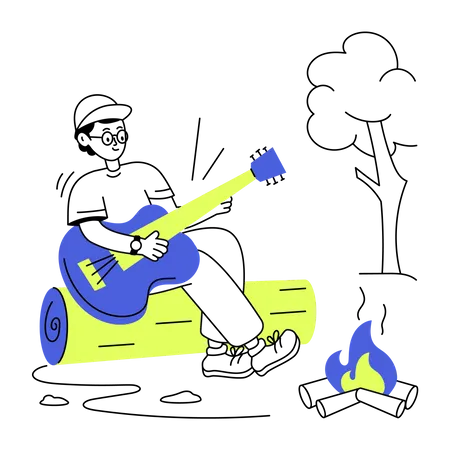 Man playing guitar while camping  Illustration