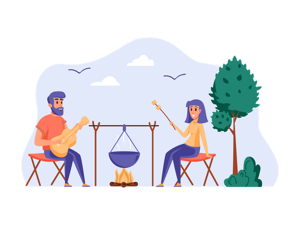 Man playing guitar while camping  Illustration