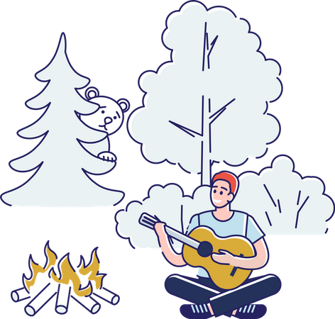 Man playing guitar while camping in the forest Illustration
