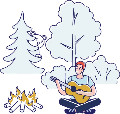 Man playing guitar while camping in the forest Illustration