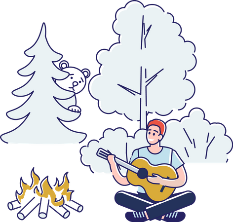 Man playing guitar while camping in the forest  Illustration