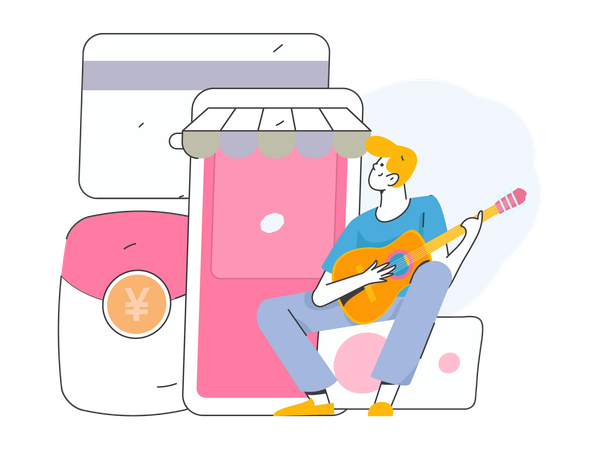 Man playing guitar while doing online shopping  Illustration