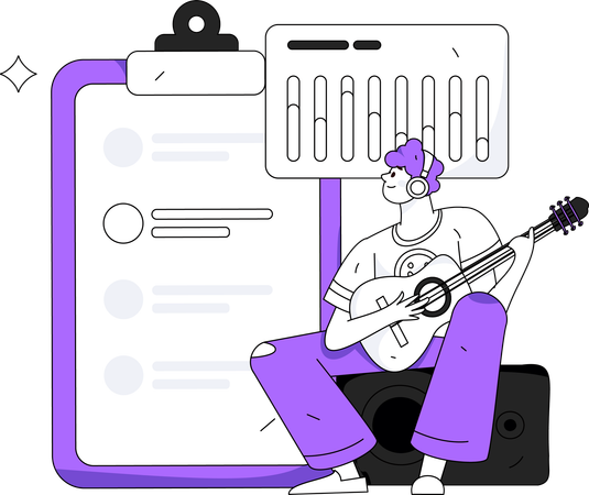 Man playing guitar while looking business analytic report  Illustration