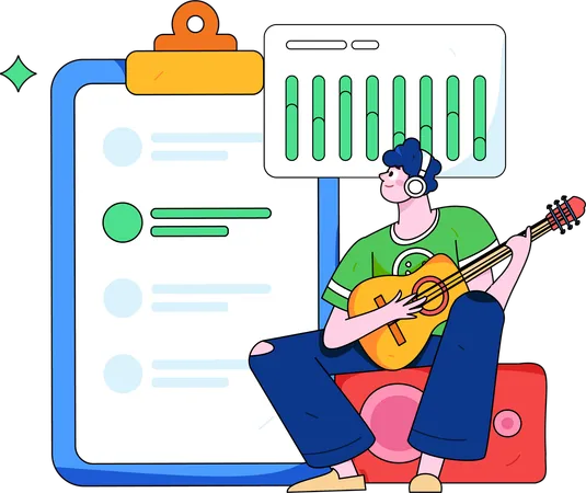 Man playing guitar while looking business analytic report  Illustration