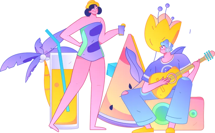 Man playing guitar while woman enjoying juice  Illustration