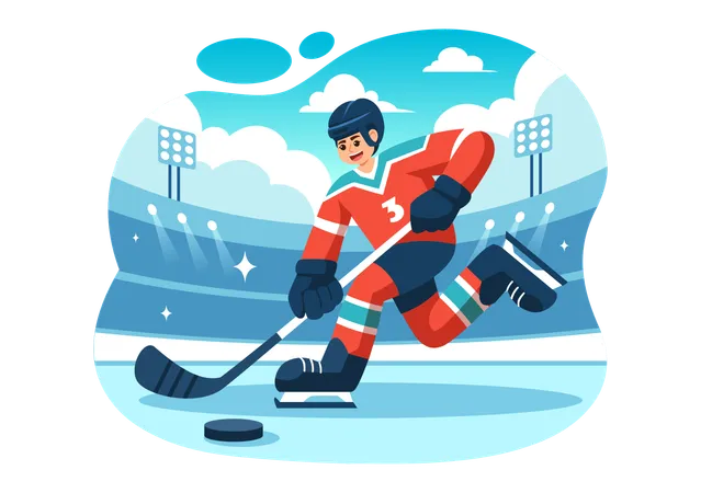 アイスホッケー選手のスポーツベクターイラスト。ヘルメット、スティック、パック、スケート靴を氷の上でプレーするゲームや選手権をフラットな漫画で表現しています。 イラスト