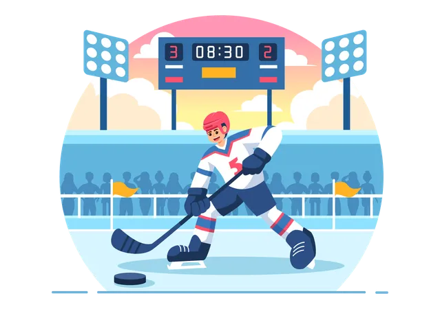 アイスホッケー選手のスポーツベクターイラスト。ヘルメット、スティック、パック、スケート靴を氷の上でプレーするゲームや選手権をフラットな漫画で表現しています。 イラスト