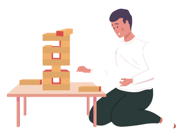 Man playing jenga game at home Illustration