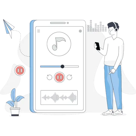 스마트폰으로 음악을 재생하는 남자  일러스트레이션