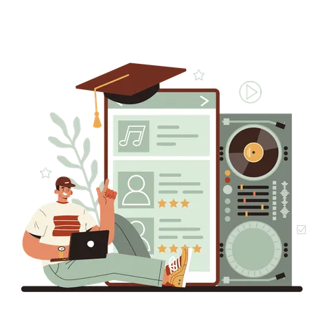 DJ Online Service Or Platform Person Standing At Turntable Mixer Make Music In Club Club Music Composer With Headphones Online Course Flat Vector Illustration イラスト