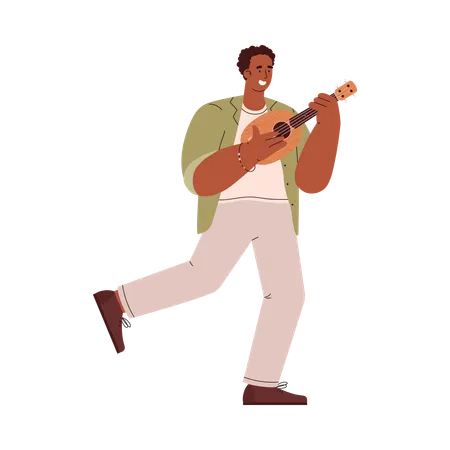 Running Man Holding And Playing Small Ukulele Guitar Flat Vector Illustration Happy Musician Playing Ukulele Musical Instrument Illustration