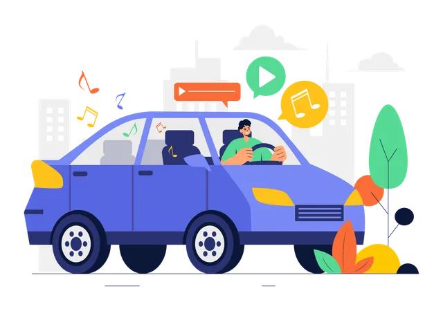 Man playing song inside car  Illustration