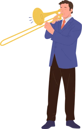 Jazz Man Cartoon Character Playing Trumpet Enjoying Solo Or Orchestra Performance Isolated On White Background Male Musical Artist Trumpeter Blowing Wind Instrument Equipment Vector Illustration Illustration