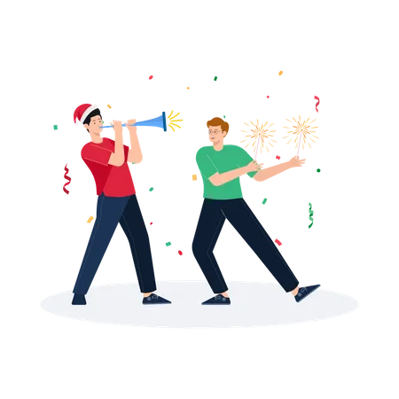 Man playing trumpet at Christmas party  Illustration