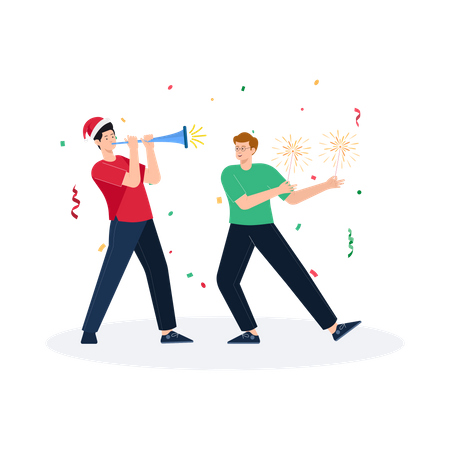 Man playing trumpet at Christmas party  Illustration