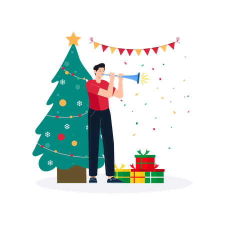 Man playing trumpet on Christmas  Illustration