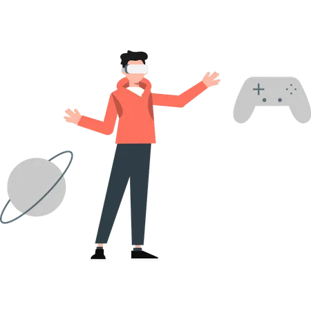 Man playing video game in metaverse  Illustration