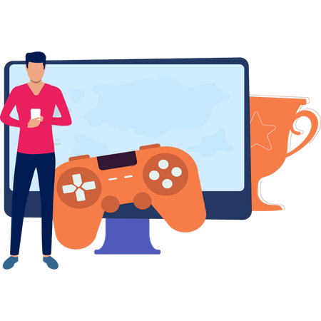 Man Playing Video Game In Mobile  Illustration