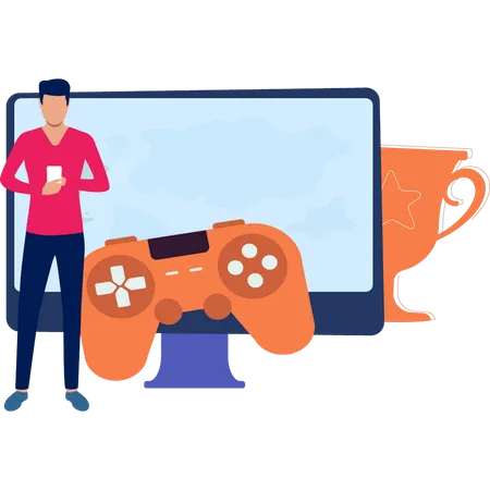 Man Playing Video Game In Mobile  Illustration