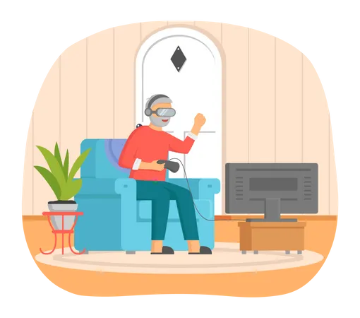 Man playing video game in VR Illustration