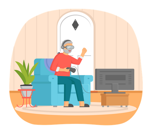 Man playing video game in VR  Illustration