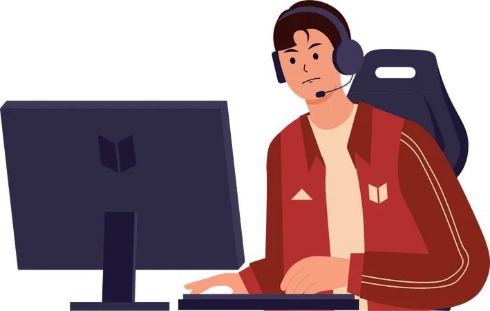 Man playing video game on computer  イラスト