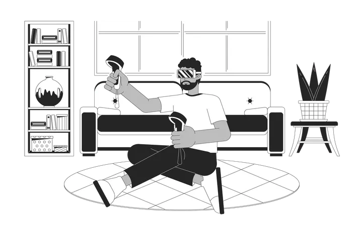 VR Gaming Black And White Cartoon Flat Illustration Man Playing Video Game With Vr Glasses 2 D Lineart Character Isolated On White Background Software Monochrome Scene Vector Outline Image Illustration