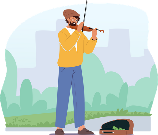 Man playing violin on city street  Illustration